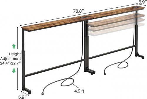 2PK Kitstorack Narrow Console Table with Adjustable Height and Power Outlets - 25"-33" x 78" - Rustic Brown (model: ‎ZXGZ-303) image 2