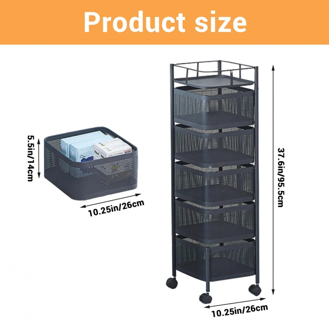 garvee 5-Tier Square Metal Mesh Vegetable FRUITS KITCHEN Rack TROLLEY WITH WHEELS - 10.2" X 10.2" X 37.6" - BLACK(MODEL: PHK_33DHQPXH) image 2