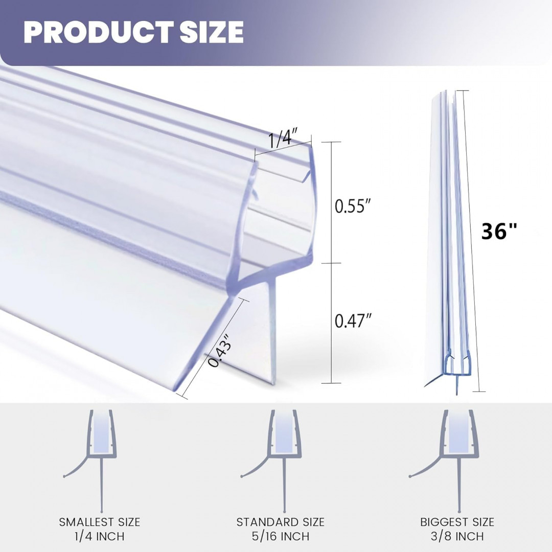 2PK waterproof & durable Bathroom Shower Door Seal Strip - for 1/4" glass - 36" / each - Clear (Model: XJ2-8) image 2