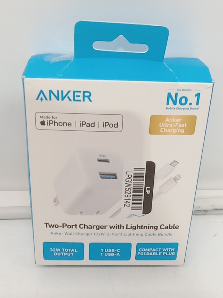 ANKER TWO PORT CHARGER with USB-C/lightning cable - 6ft - 32W - white (model: B2335) image 2