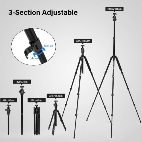 GEEKOTO 2-in-1 CAMERA TRIPOD with 360° Ball Head and Quick Release Plate and carrying case -  73" - black image 3