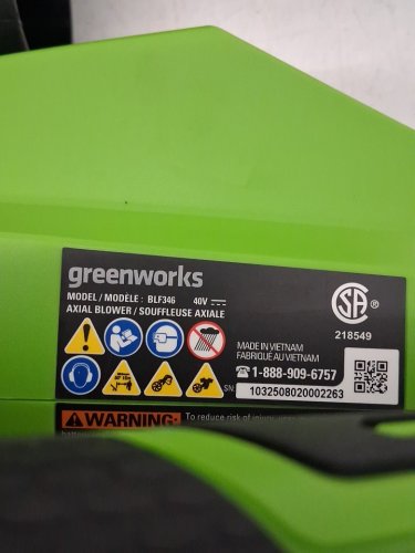 GREENWORKS CORDLESS JET LEAF BLOWER *tool only* - 40V / 125MPH / 450CFM - GREEN (MODEL: blf346) image 6