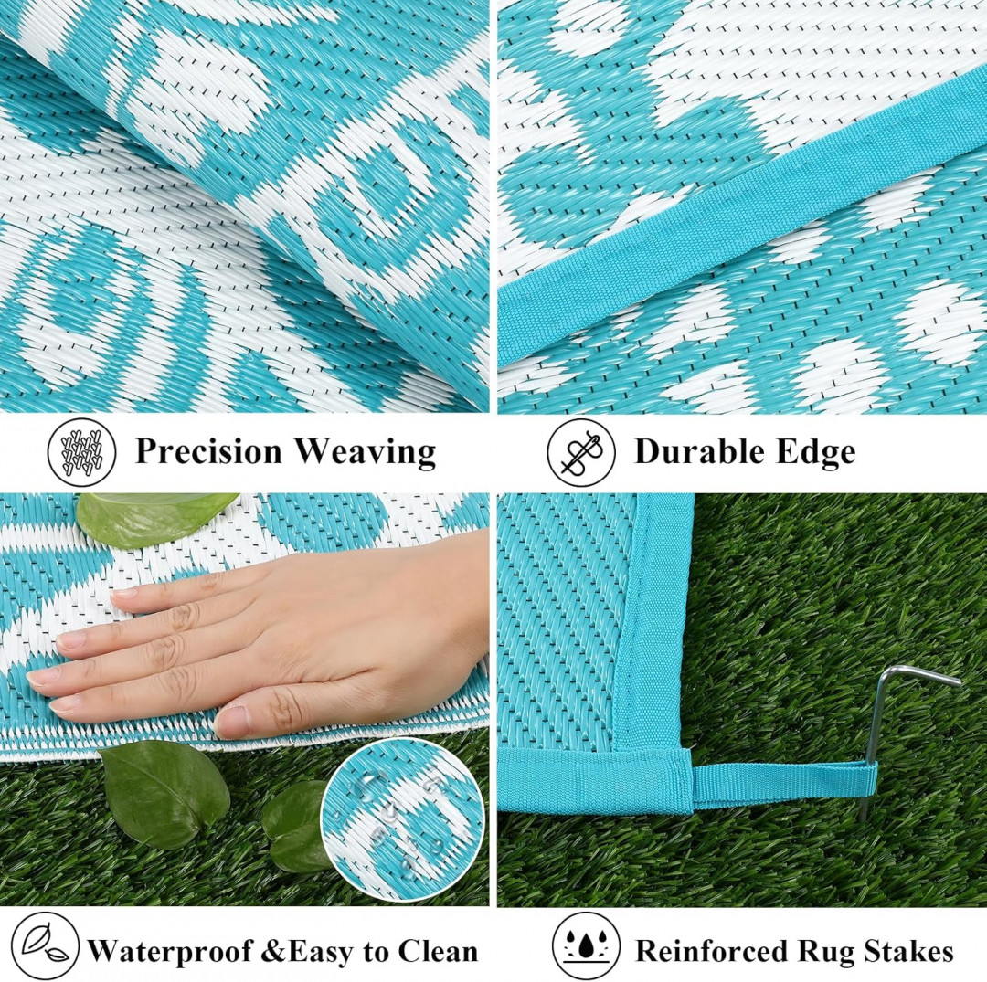 bsmathom waterproof plastic straw OUTDOOR RUG - 9FT x 12FT - flower TEAL image 3