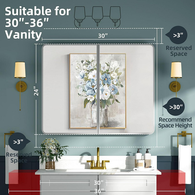 YTSMIR wall mounted bathroom medicine cabinet with mirror - 24" x 30" - silver (model: ‎YT-2430s) image 2