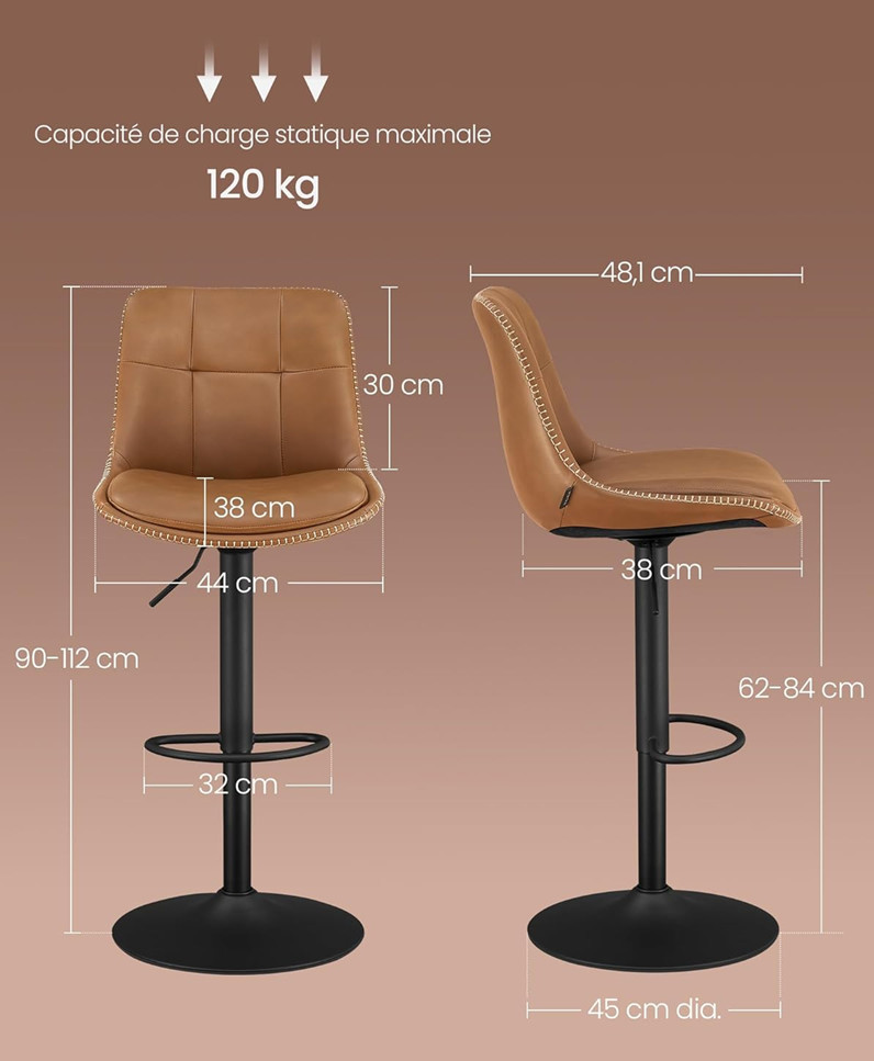 2pk VASAGLE Height Adjustable Swivel Bar Stools with Backrest - 17.32" x 35.43" to 44.09" - Caramel Brown (model: LJB095K01/LJB095KN01) image 2