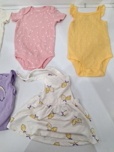 5 assorted baby CLOTHES - ONESIES, TOP, OVERALLS - 6m - PURPLE/PINK/YELLOW/WHITE image 4
