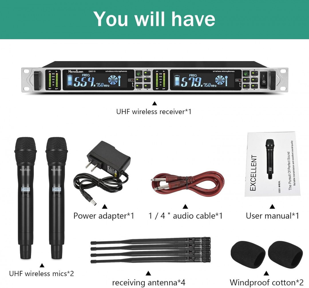 microcqueen professional uhf dual channel wireless microphone system with 2 handheld mics - 500ft range - 530-580MHz(model: q8019) image 2