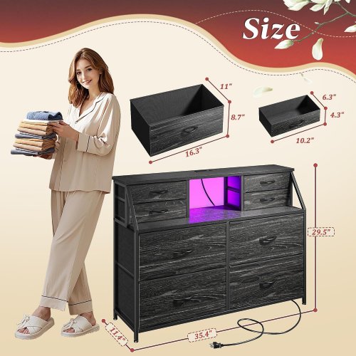 romorgniz 8-drawer fabric storage dresser with led lights and charging station - 35" x 11" x 29" - black - (model: 55scfdrled8dch) image 2
