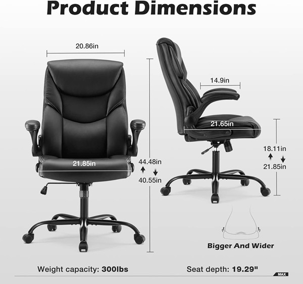 Dumos PU Leather Ergonomic office chair with lumbar support and Adjustable Flip-up Armrest - 300LB Capacity - Black (Model: C-2892-1B-BK) image 2