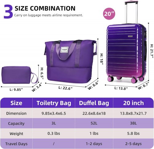 3pc larvender 20" hardshell roller carry on luggage set with duffel bag & toiletry bag - midnight berry - (model: 5515-b) image 2