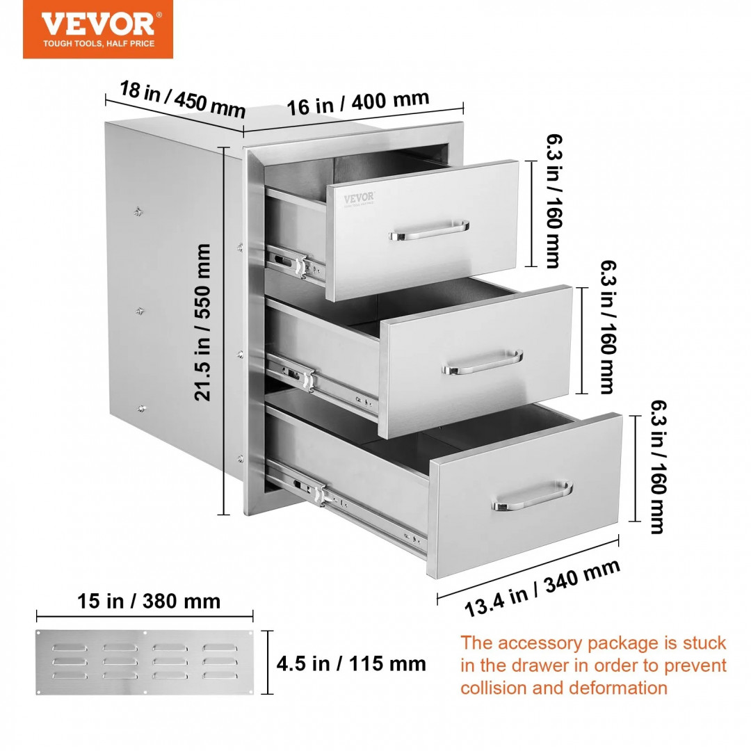 vevor stainless steel outdoor kitchen bbq drawers - 16" x 18" x 21.5" - silver (model: km-ctg-2302-sku5) image 2