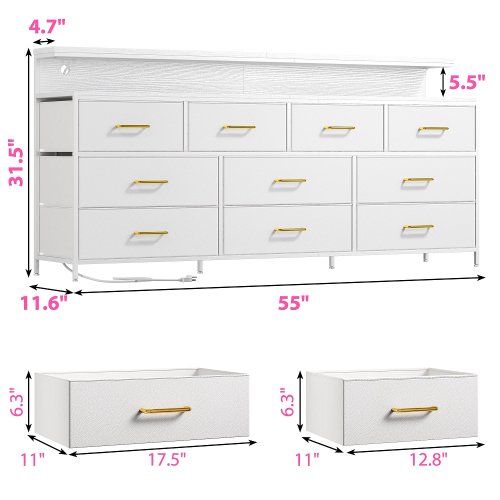 SNHOMEE 10-drawer metal and fabric LED Dresser with charging station and wood top - 55" - white  (MODEL: 55scdrh31) image 2