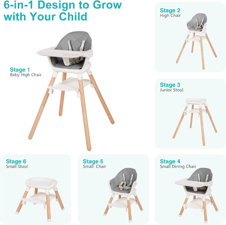 ricuton komcot 6-in-1 baby highchair convertible booster seat with 5-point harness - Gray/white/wood (model: etcy-01) image 2