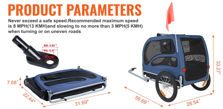 Foldable Pet Bike Carrier Trailer - 33.27" X 28.54" X 56.69"- Black & Blue (model: DT815) image 2