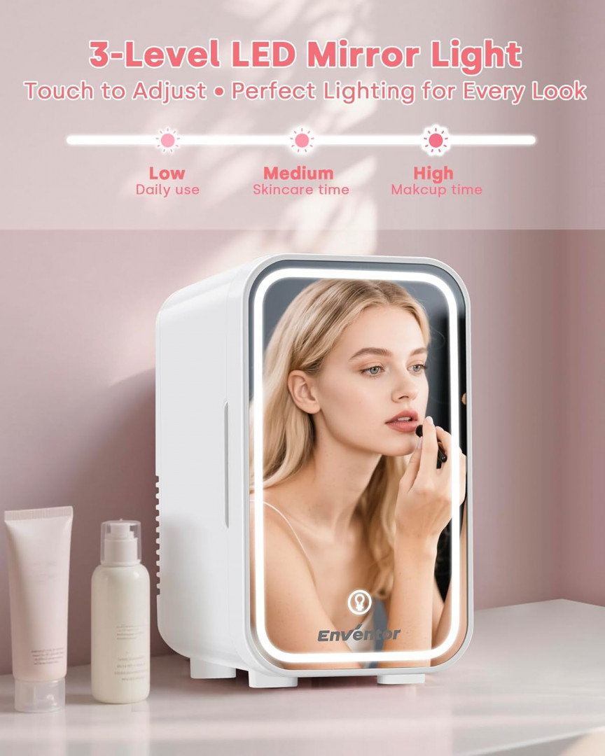 enventor portable mini fridge with dimmable touch control LED mirror & light with dual cooling/warming modes - DC/AC- 6L (8 cans) - white (model: MFA-6L-I) image 3