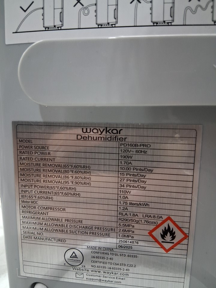 Waykar Dehumidifier with Auto or Manual Drainage - 0.6gal Water Tank Capacity - covers 2000 sq.ft - white - (model: pd160b-pro) image 6