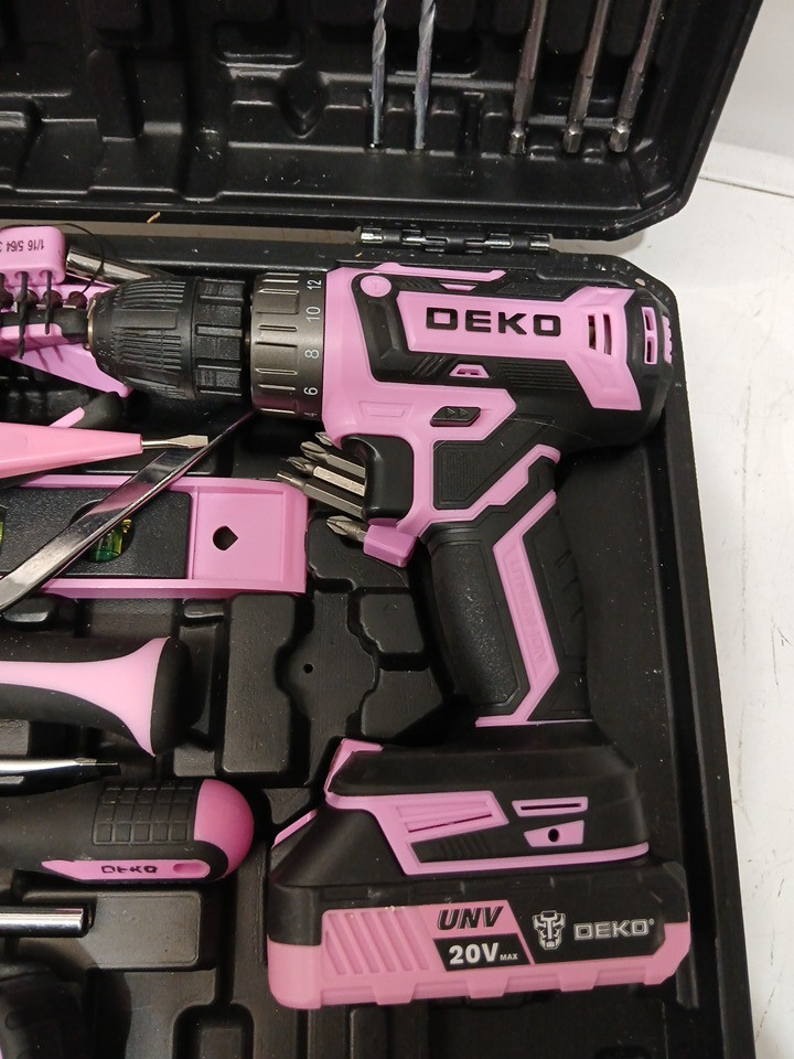 DEKOPRO DRILL TOOL SET KIT - CORDLESS DRILL TOOL BOX WITH 12V BATTERY, HAND TOOLS, HAMMER, PLYERS, SCREWDRIVERS AND MORE - PINK image 3