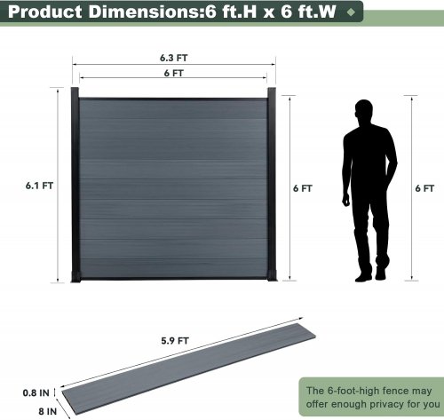 mondaria outdoor composite plank privacy fence panel, no posts included - 6FT x 6FT - gray - (model: ym-am101-gy) image 2