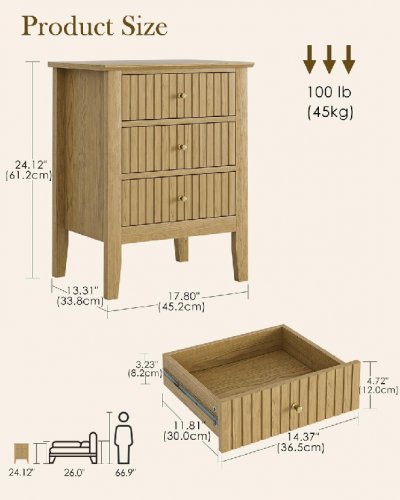Apetaccat Night Stand, Bedside Tall Nightstand with 3 Drawers - natural oak (model:HZ1918-APCA) image 2