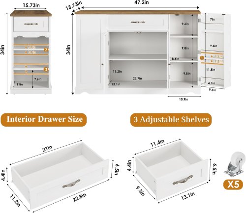HOSTACK Kitchen Island Cart with Storage - 34" x 47" x 15.7" - White/Brown (Model: HOS-PB-216) image 2