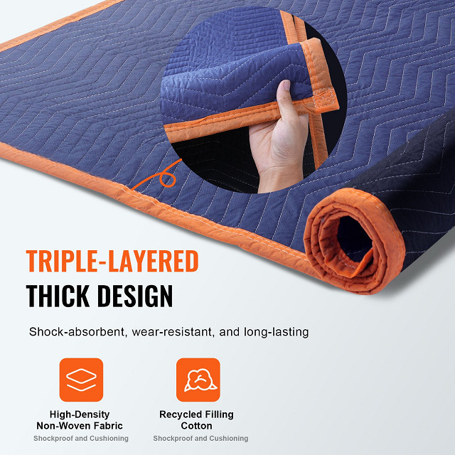 9pk heavy duty moving blankets - 80" x 72" - non-woven & recycled cotton packing blanket - blue/orange/black (model: yb085-35) image 2