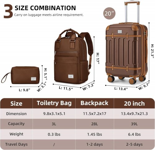 3PC LARVENDER Expandable Carry-on Luggage Set - Maple Brown (Model: 5656PRO-2) image 2