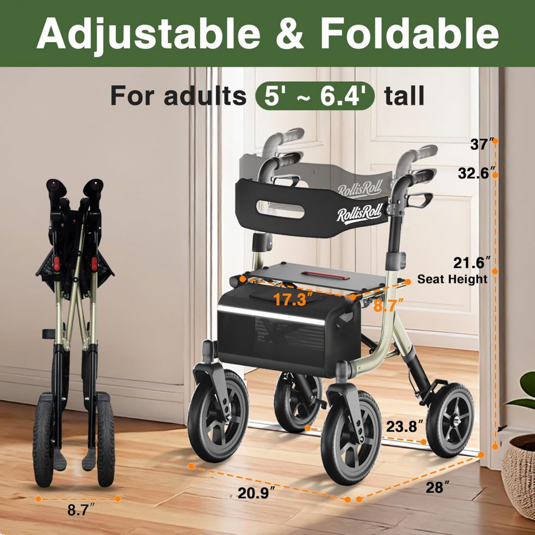 rollisroll All Terrain Rollator Walker with Seat, backrest & 12" Big Rubber Wheels - 300lbs capacity - gold/black (model: a42004w12) image 2