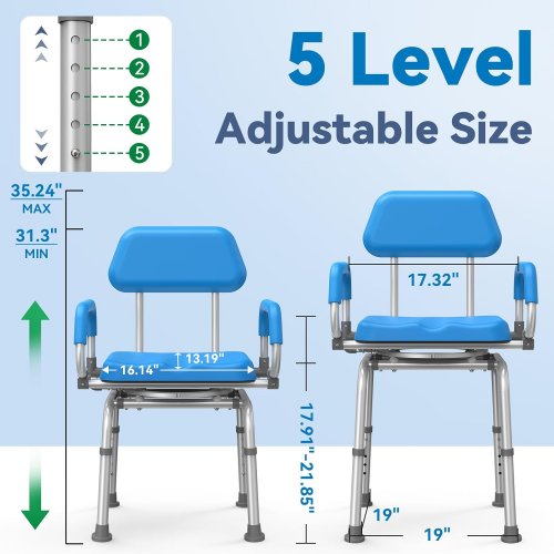 Loyoda Eligible Swivel Shower Chair with Arms and Backrest - 400LBS CAP - BLUE/SILVER (MODEL: fbl650396) image 2