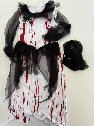 2PC GIRLS WAY TO CELEBRATE BLOODY BRIDE COSTUME DRESS AND VEIL - MEDIUM (8-10) - WHITE/BLACK/RED image 4