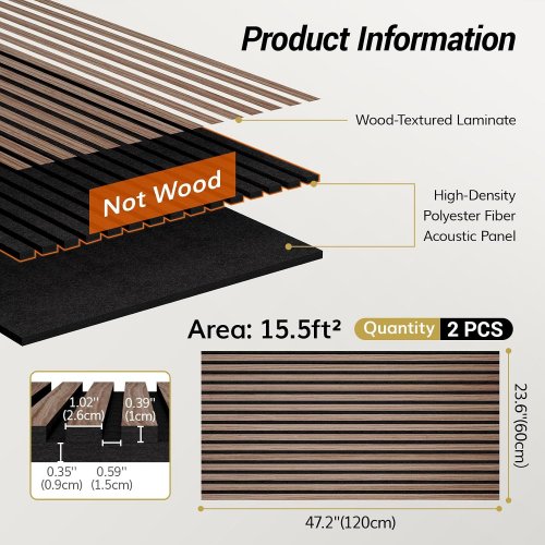 2PK TONOR wood Acoustic wall Panels - 2ft x 4ft - brown/black image 2