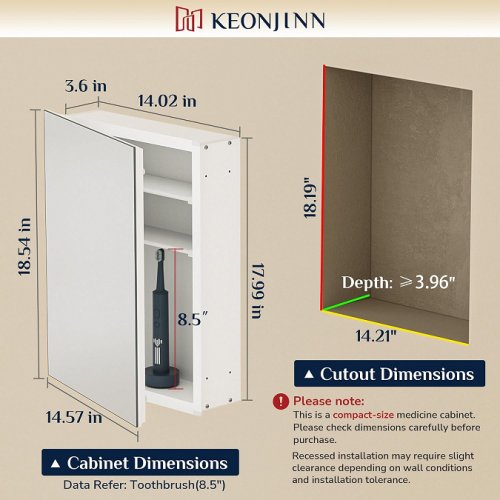 keonjinn wall mounted/recessed tempered glass small sized medicine cabinet - 14" x 18" - white image 2