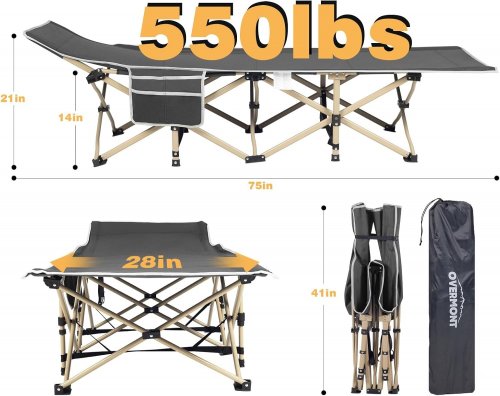 Overmont Portable Folding Extra Wide Camping Tent Cot with Carry Bag - 550LBS CAP - 28" x 75" x 21" - Grey (Model: Camp Bed-Grey) image 2