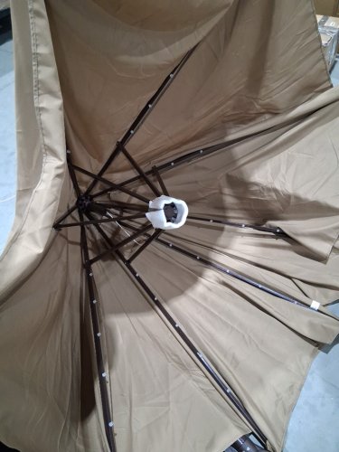 COSTWAY HANGING PATIO UMBRELLA WITH SOLAR LED LIGHTS AND CROSSBASE -10FT - TAN (MODEL: NP11556CF) image 6