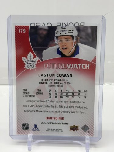 EASTON COWAN ROOKIE CARD - UPPER DECK SP AUTHENTIC FUTURE WATCH 2025-26 LIMITED CARD (#179) image 2