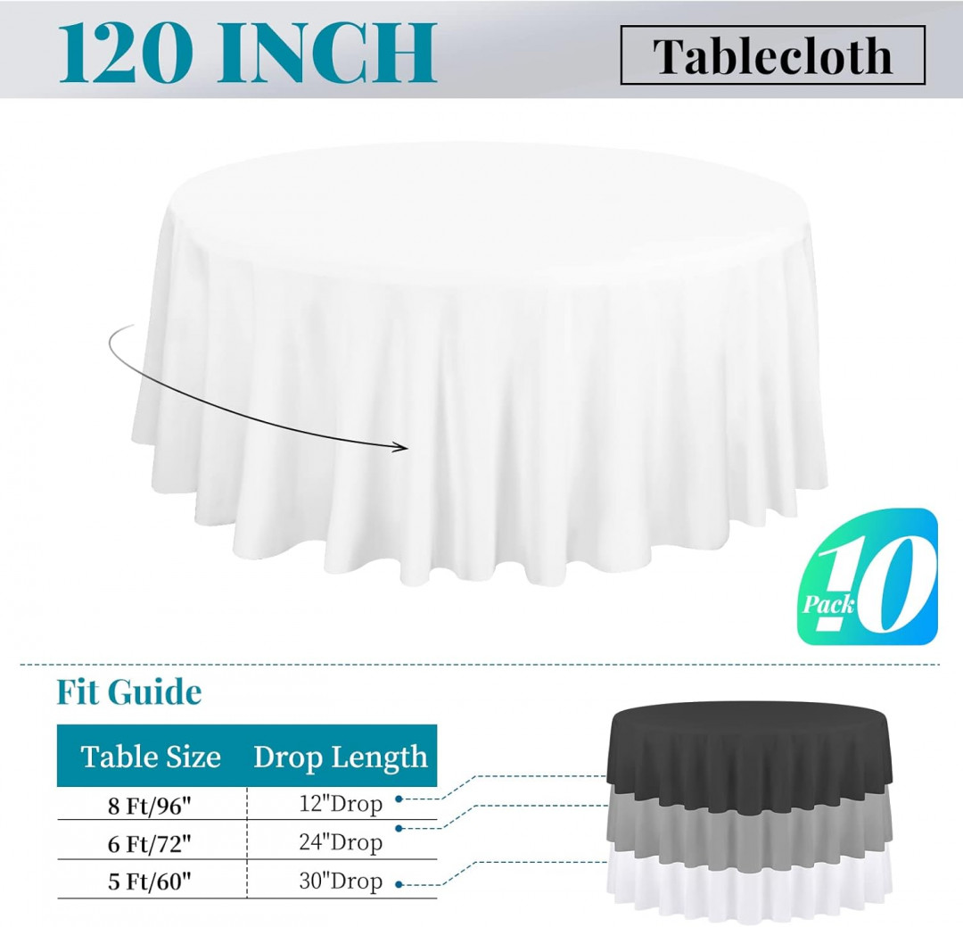 10PK Round White Polyester Wrinkle Resistant Tablecloths - 120" - White image 2