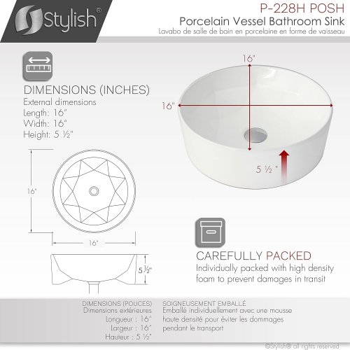 Stylish Porcelain Round over the counter Vessel Bathroom Sink with center drain - 16” - 5.5” depth - white porcelain (model: p-228h posh) image 2