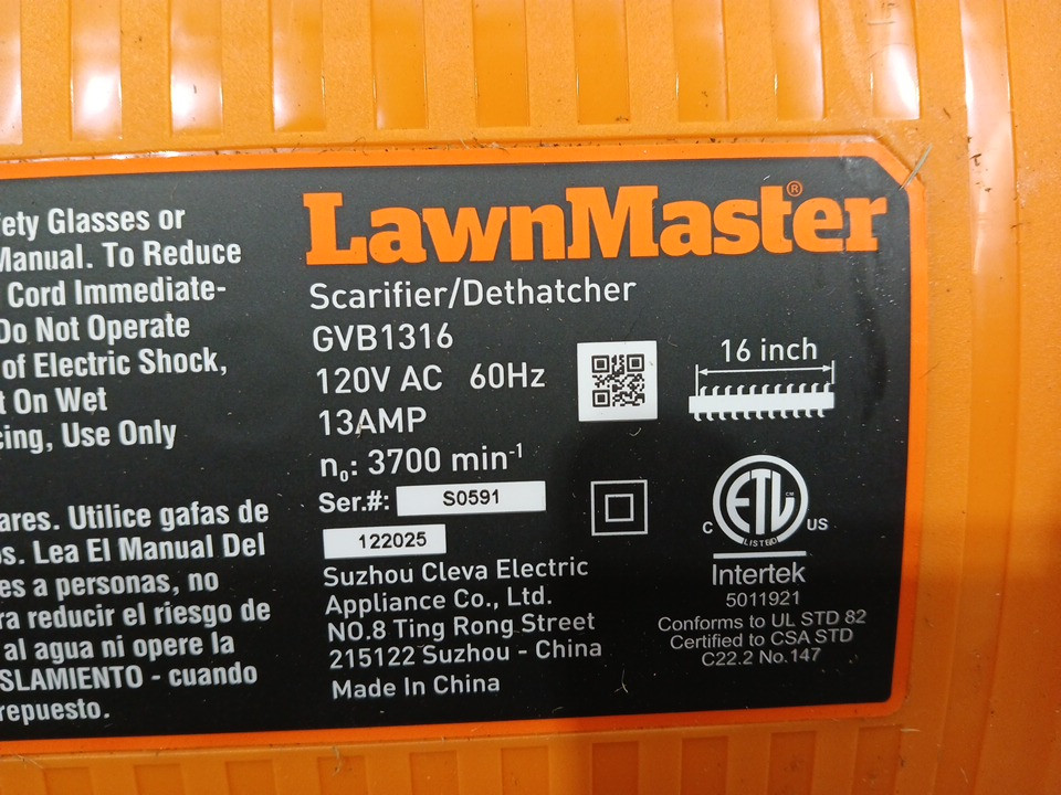 LawnMaster Electric Dethatcher & Scarifier - 16" - Black/Orange (Model: GVB1316) image 4