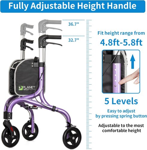 planetwalk Premium 3 Wheel Rollator Ultra Lightweight Foldable Walker for Seniors - 260lbs capacity - Dark Purple image 2