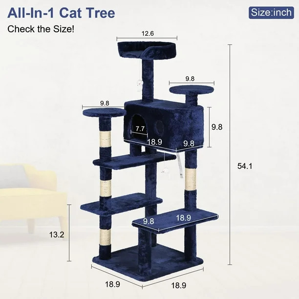 INDOOR MULTIPLE LEVEL CAT TOWER WITH 2 CONDOS - 54" - NAVY BLUE image 2