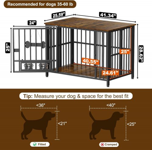 Easycom Foldable Dog Crate - For dogs 30 to 60lbs - 41.3" x 25.5" x 28.6" -  Brown/Black image 2