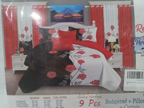 9pc REYLOX VINTAGE bedspread, pillowcase and curtain bedroom set - QUEEN - BLACK WHITE ROSES image 3