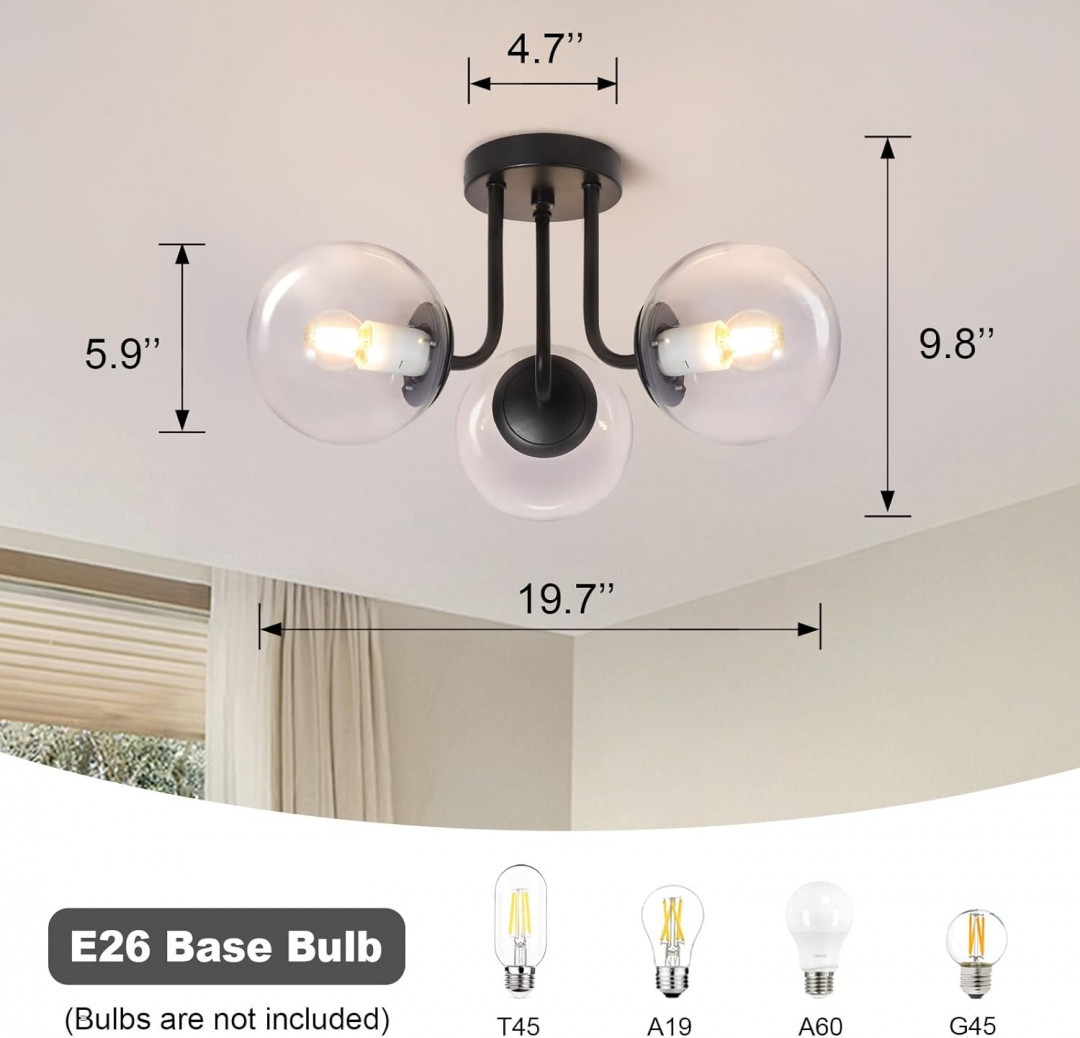 bektas 3-light semi-flush mount ceiling light fixture with transparent shades - 19.7" x 9.8" - e26 bulb base - 110v - matte black (model: tasxdbl-3t) image 2