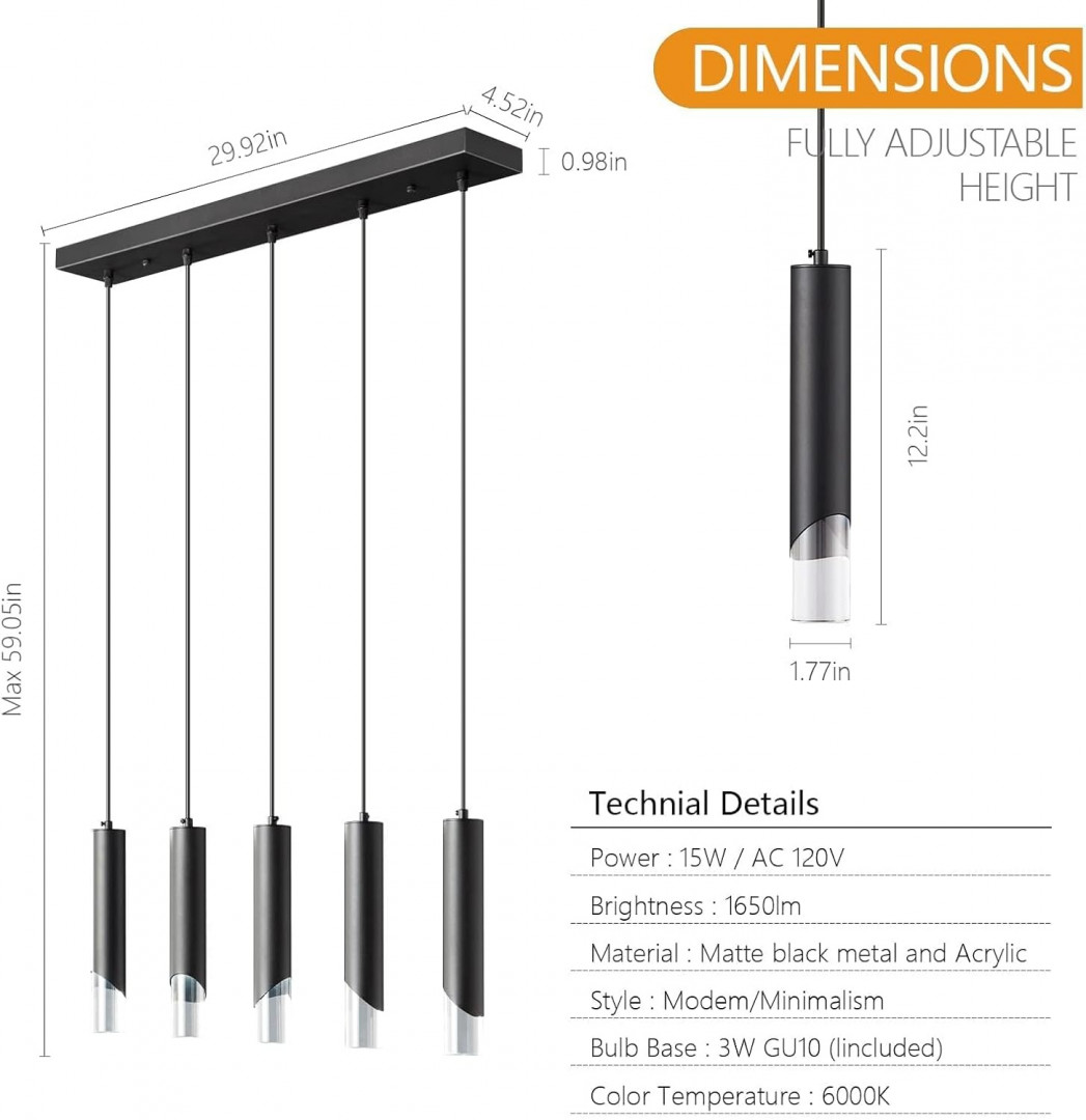 LIANGMH Dimmable 5-LED Adjustable Pendant Light Fixture - 59" x 30" x 5" - 990LM /6000K - BLACK (MODEL: JP-043-5C) image 2
