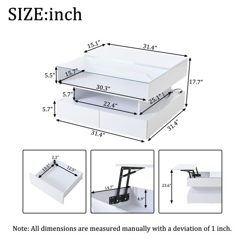 AOSOM LIFT-TOP COFFEE TABLE WITH APP-CONTROLLED LED LIGHTING - 31.5" X 31.5" X 17.5" - WHITE image 2