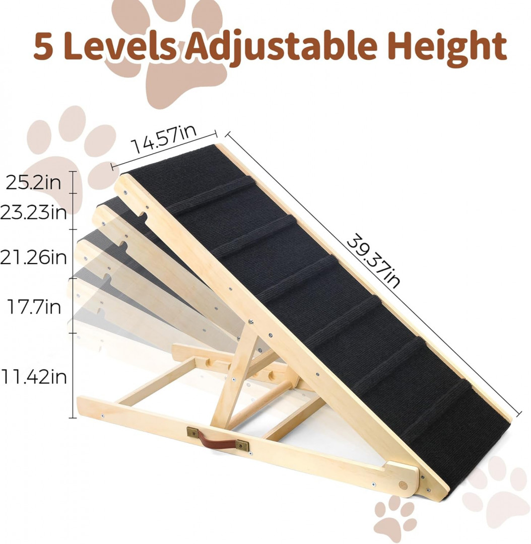 adorabby foldable/collapsible portable adjustable non-slip wooden dog/pet ramp stairs - 250lb capacity - 14" x 39.4" - natural wood/black (Model: ‎glt-02) image 2
