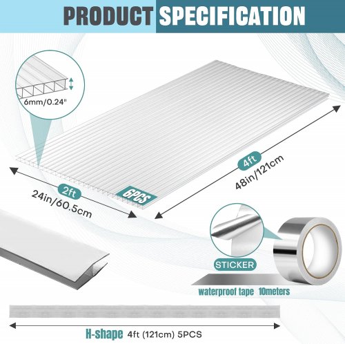 6pc teabelle weatherproof polycarbonate greenhouse panel sheet kit, includes connectors & tape - 4ft x 2ft, 6mm thick - clear - (model: 471141) image 2