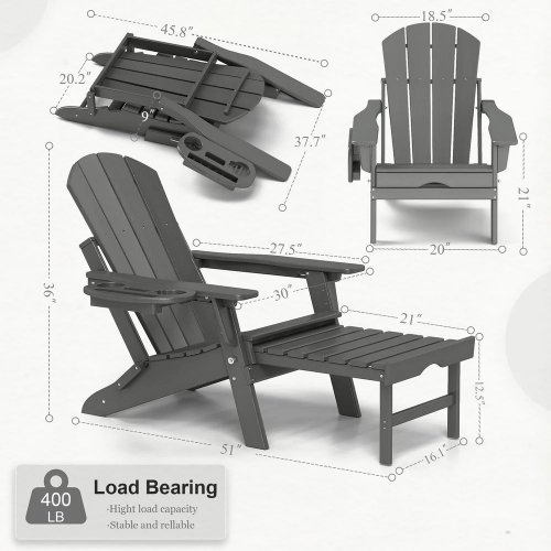 2PK Foowin  All-Weather Adjustable Adirondack Chair with Pull Out Ottoman - 400lbs cap - grey (Model: JJ00300-GR) image 2