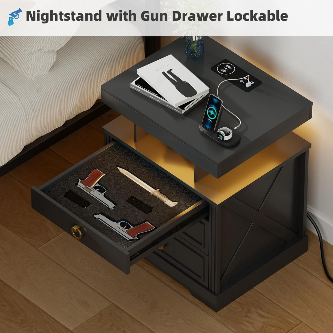 mdgc nightstand side table with lockable gun drawer, charging station, and motion sensing lights - 20" x 16" x 24" - black - (model: yg-91075-40) image 2
