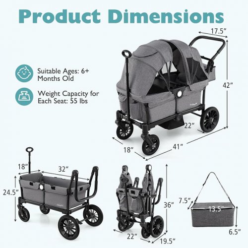 COSTWAY BABYJOY 4-IN-1 FOLDABLE 4 SEATER PUSH-PULL TODDLER WAGON STROLLER WITH REMOVABLE CANOPY - 18" x 41" x 42" - GREY (MODEL:BC10311GR) image 2