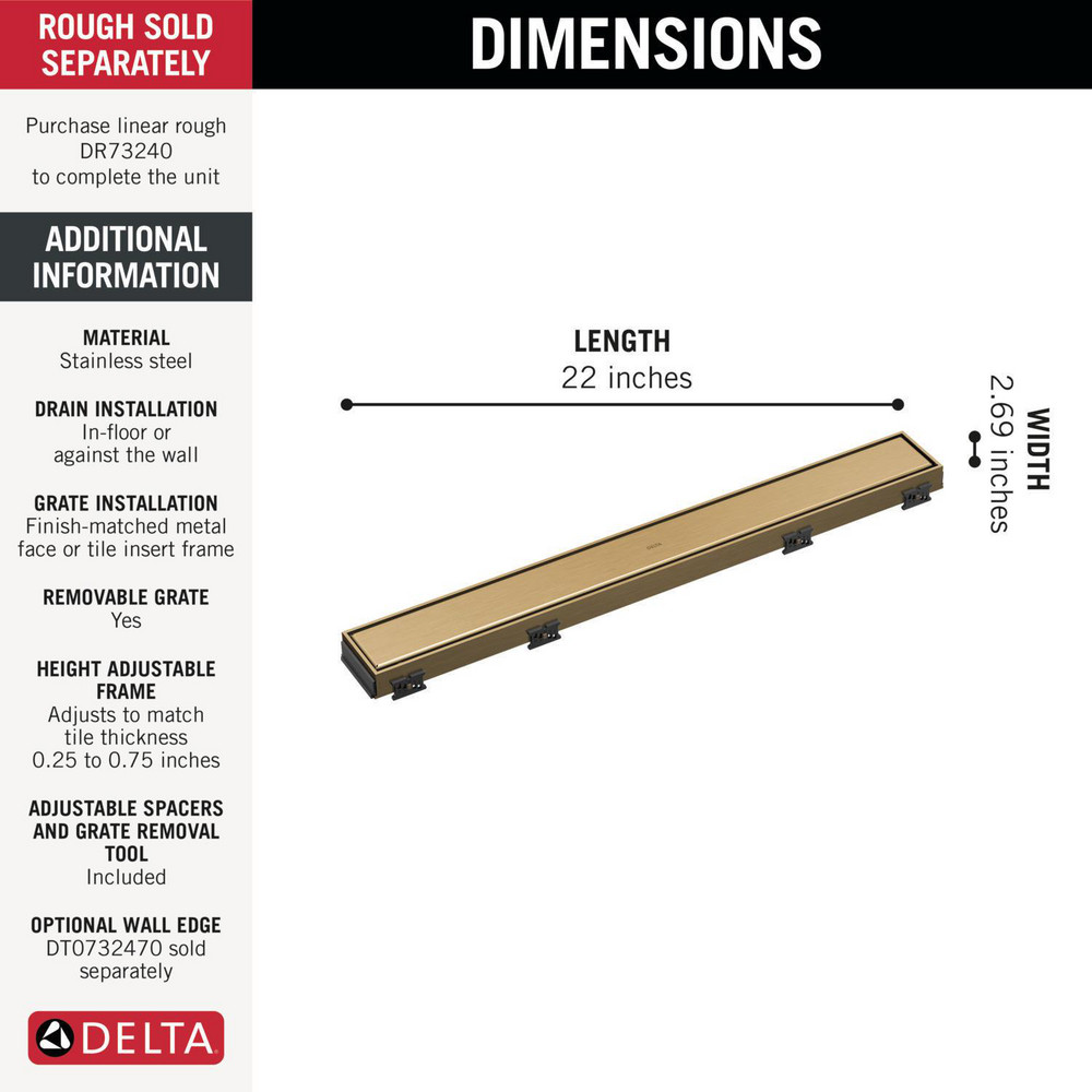 delta Reversible Linear Shower Drain Trim - 24" - champagne bronze (model: DT0732413-CZ) image 2